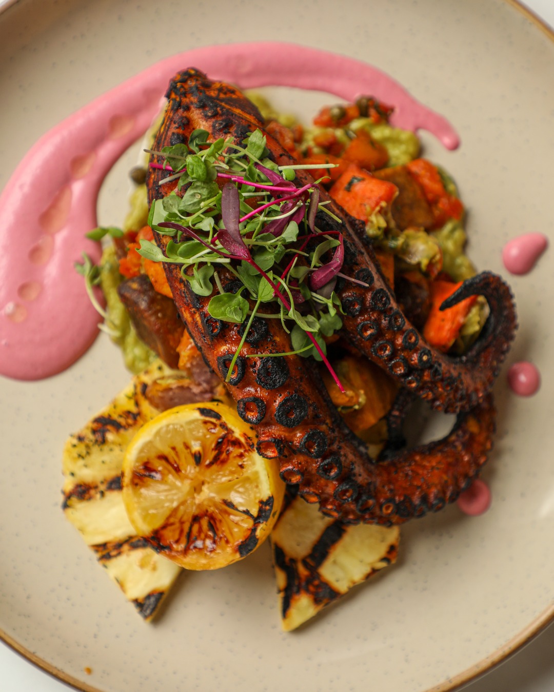Charred octopus plated